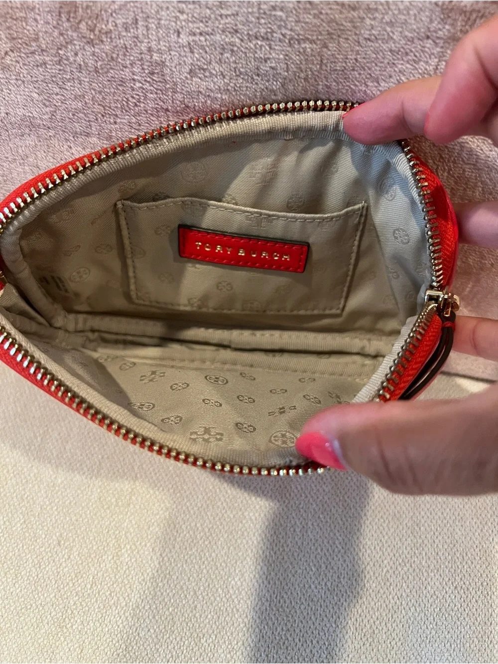 Tory Burch Redish orange and White Patterned wristlet